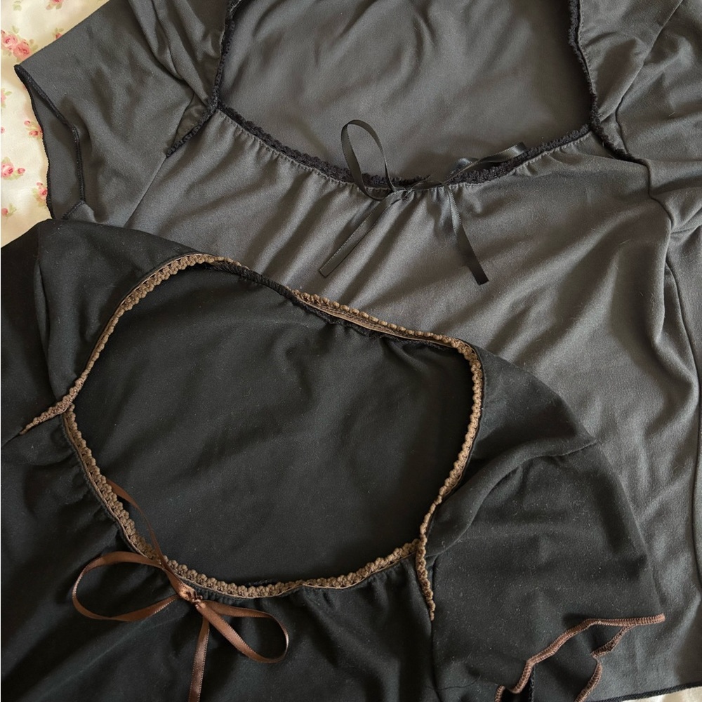 ROMWE Black and Gray Ribbon Accent Tops